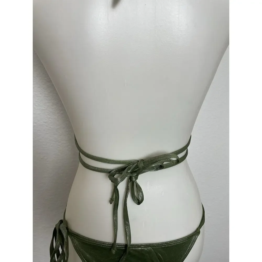 Fashion Nova Swim String Bikini Swimsuit Strappy Green Metallic Summer Festival